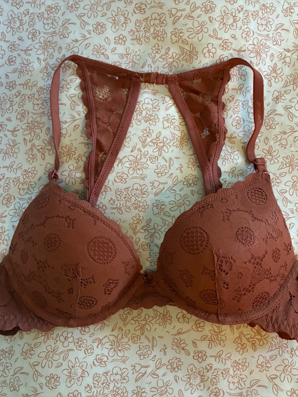 aerie Real Happy Plunge Lace Push-Up Bra in Brown